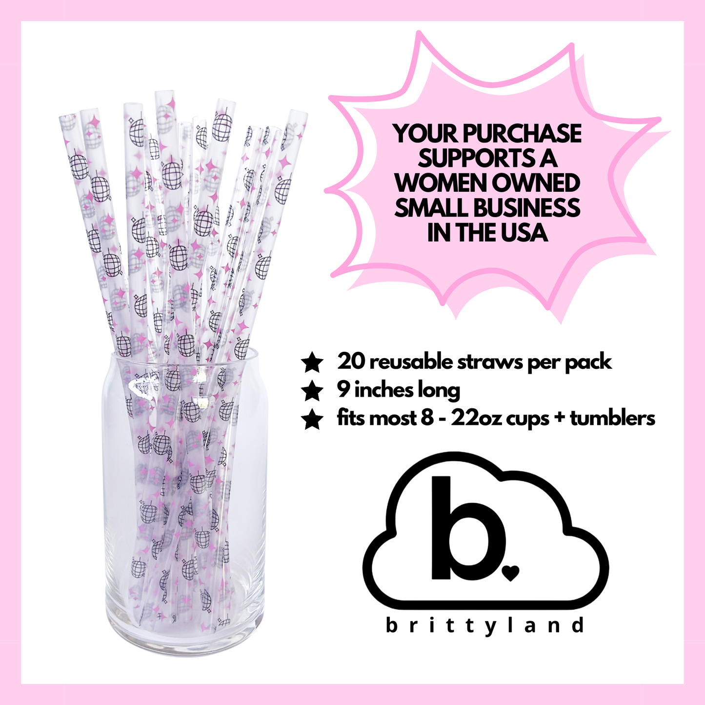 Disco Ball Reusable Straws – 9" (20 Pack)