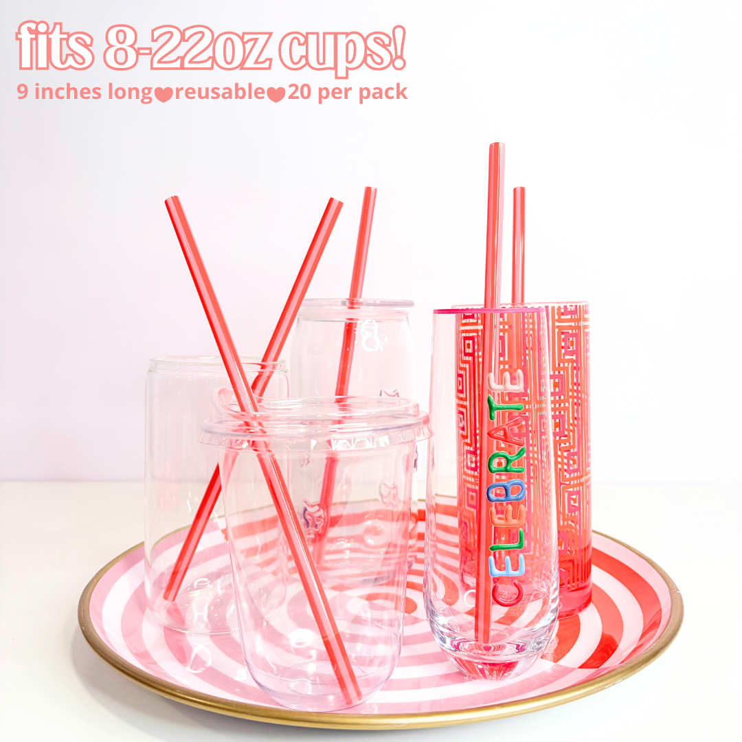 Pink + Red Cabana Stripe Reusable Straws – 9" (20 Pack)