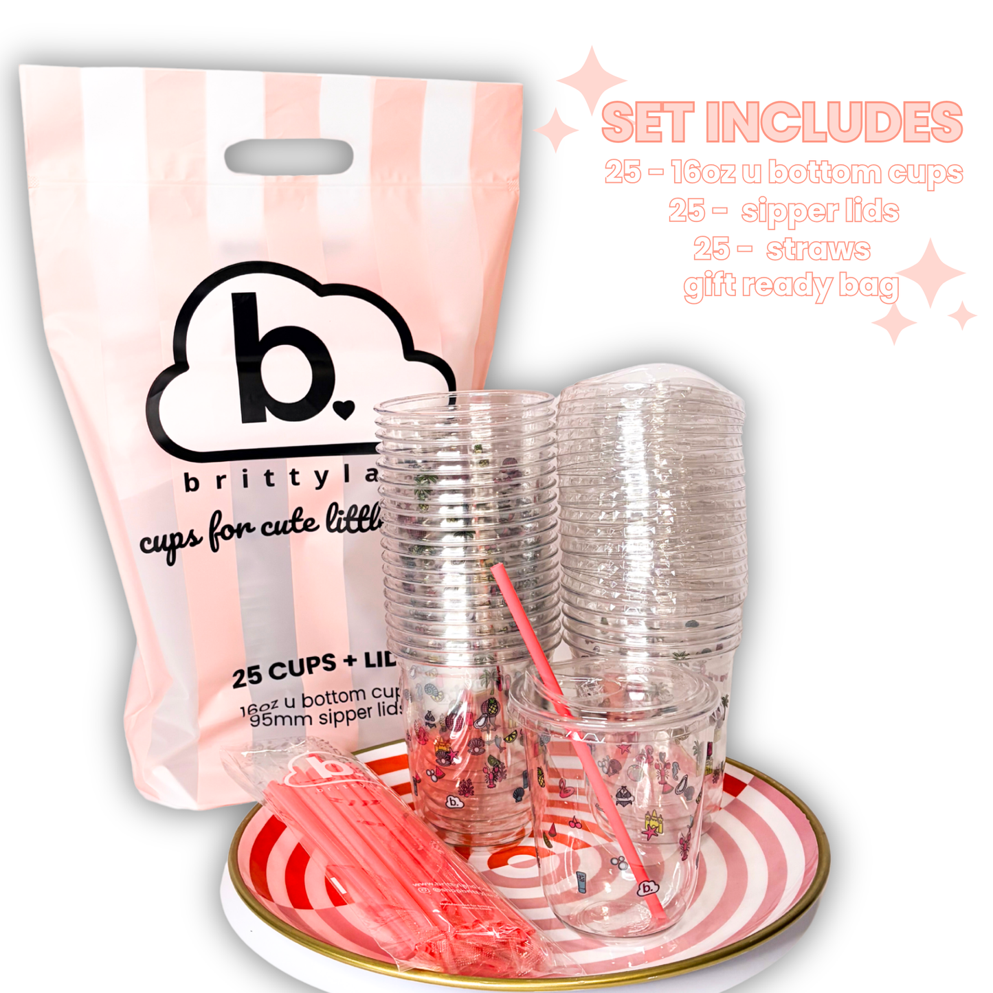 Cups For Cute Little Drinks™ – 16oz Coastal Cup Set | 25 Cups + 25 Sipper Lids + 25 Straws