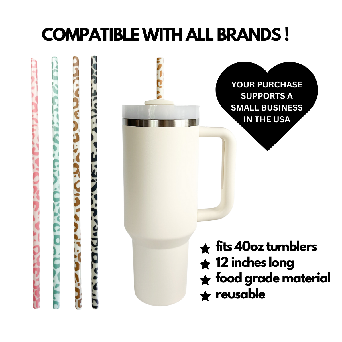 Leopard Reusable Straws for 40oz Tumblers (4 Pack)