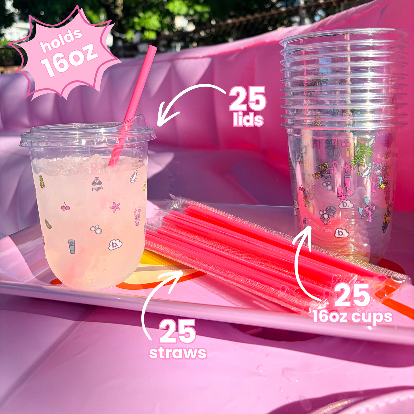 Cups For Cute Little Drinks™ – 16oz Coastal Cup Set | 25 Cups + 25 Sipper Lids + 25 Straws