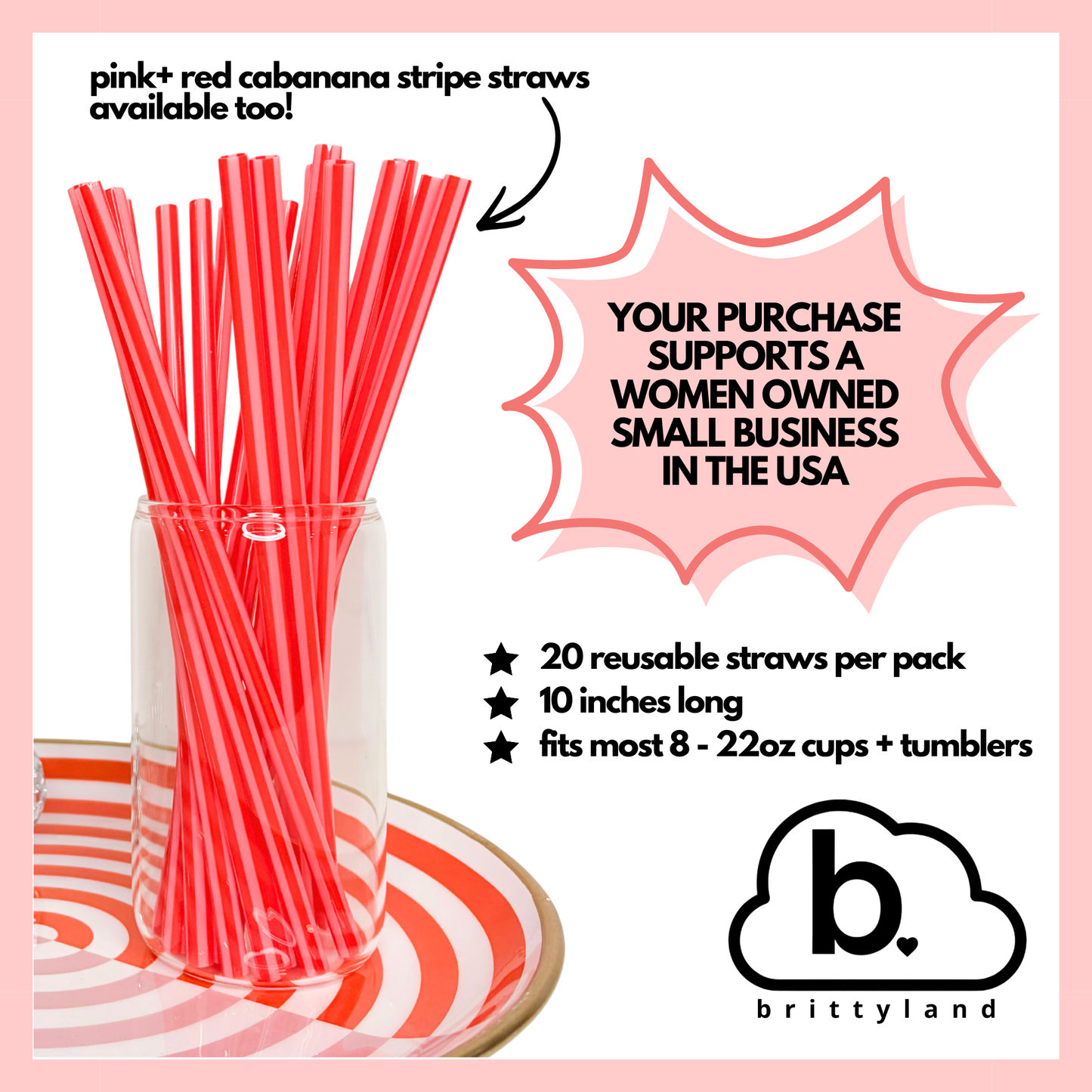 Pink + Red Cabana Stripe Reusable Straws – 9" (20 Pack)