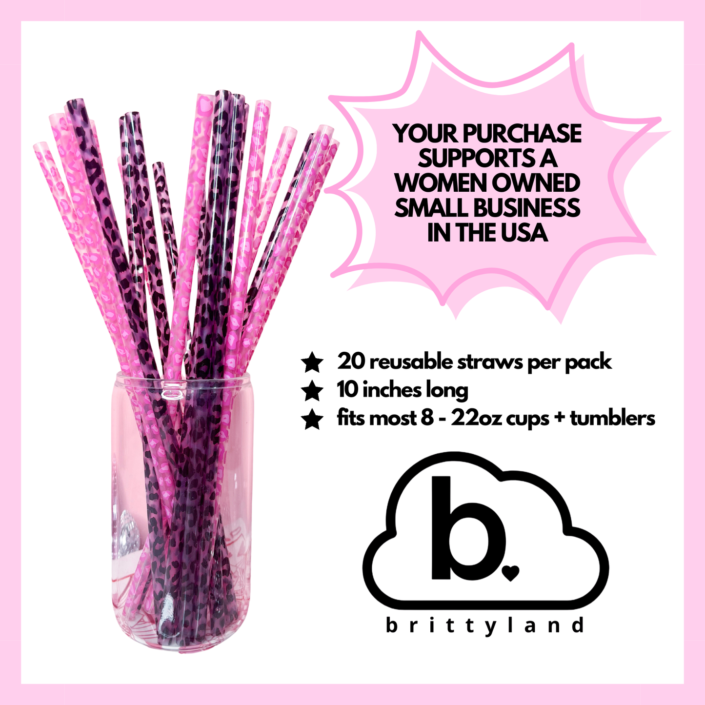 Leopard Reusable Straws (20 Pack) | 10 Inch