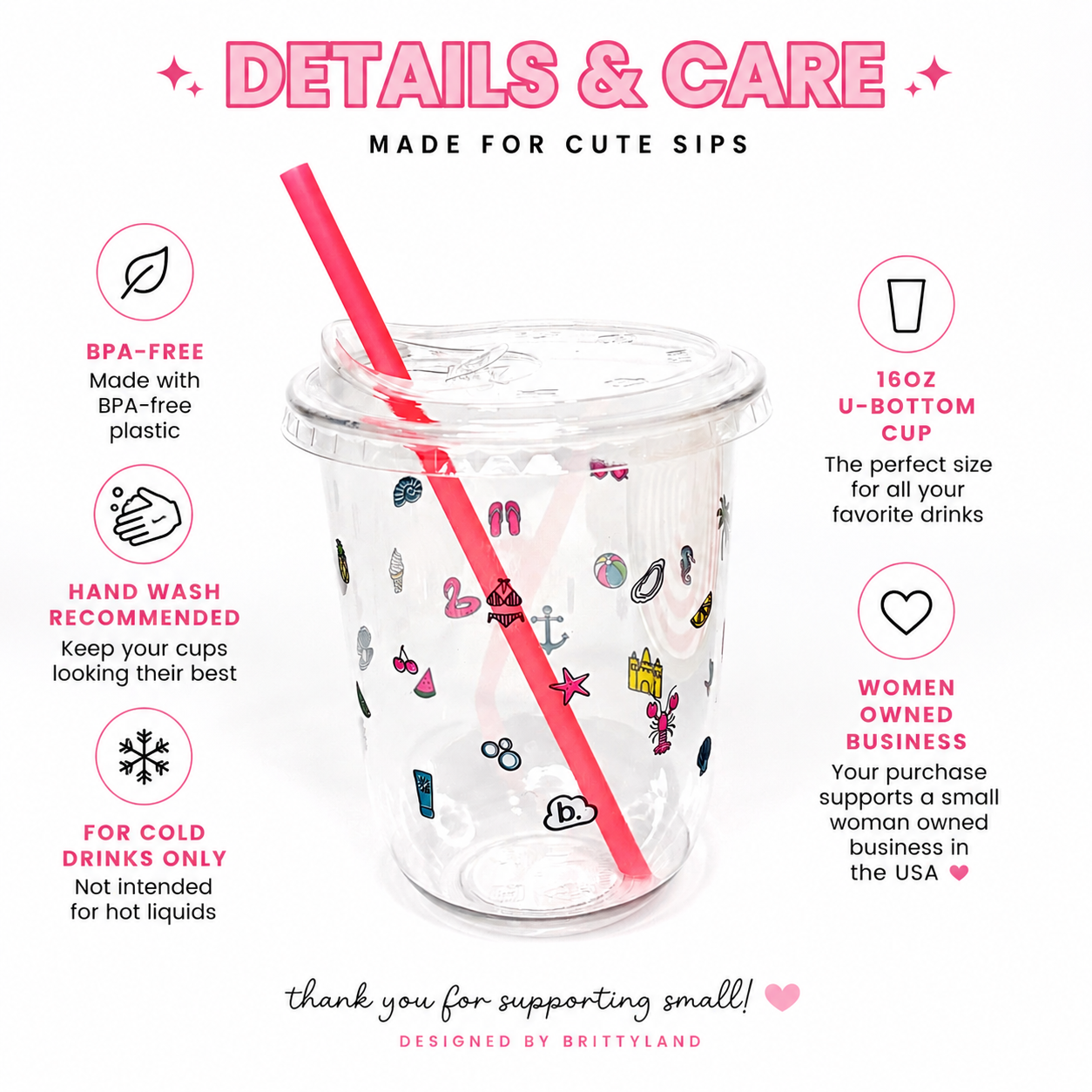 Cups For Cute Little Drinks™ – 16oz Coastal Cup Set | 25 Cups + 25 Sipper Lids + 25 Straws